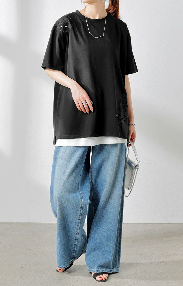 【夏セール】 Tシャツ 接触冷感 ペイズリー レディース トップス 半袖 カットソー 刺繍 透け ロング ティーシャツ チュニック クルーネック 長い ドルマン ドルマンスリーブ ゆったり 無地 体型カバー お尻が隠れる 大きいサイズ おしゃれ 白 黒 春 夏 HUG.U メール便 - Image 14