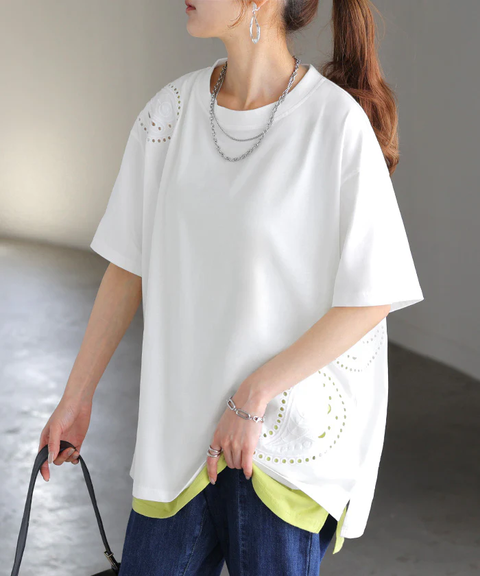 【夏セール】 Tシャツ 接触冷感 ペイズリー レディース トップス 半袖 カットソー 刺繍 透け ロング ティーシャツ チュニック クルーネック 長い ドルマン ドルマンスリーブ ゆったり 無地 体型カバー お尻が隠れる 大きいサイズ おしゃれ 白 黒 春 夏 HUG.U メール便 - Image 26