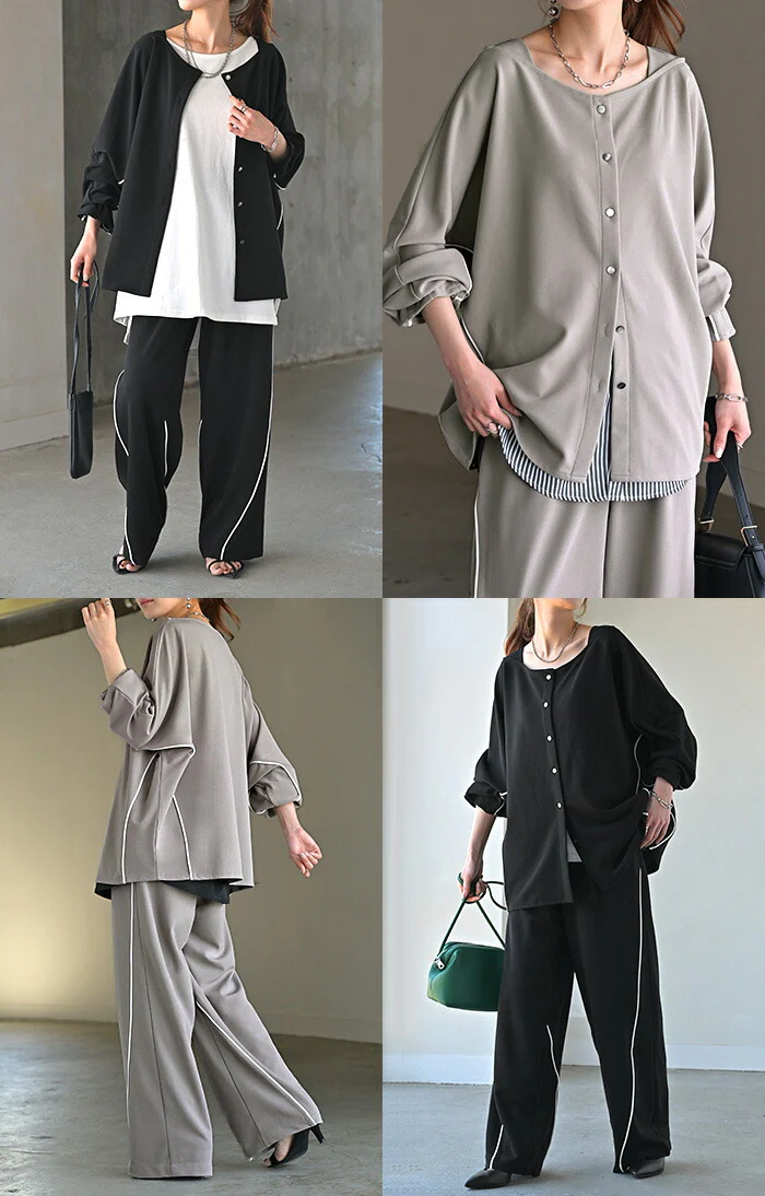 セットアップ 2点セット パンツ ジャージ レディース パンツスーツ スーツ セットアップ ノーカラー ストレッチ 体型カバー ドルマン 大きいサイズ ライン ワイドパンツ 前開き 羽織 ライトアウター カジュアル きれいめ 黒 ピンク 春 夏 HUG.U - Image 19