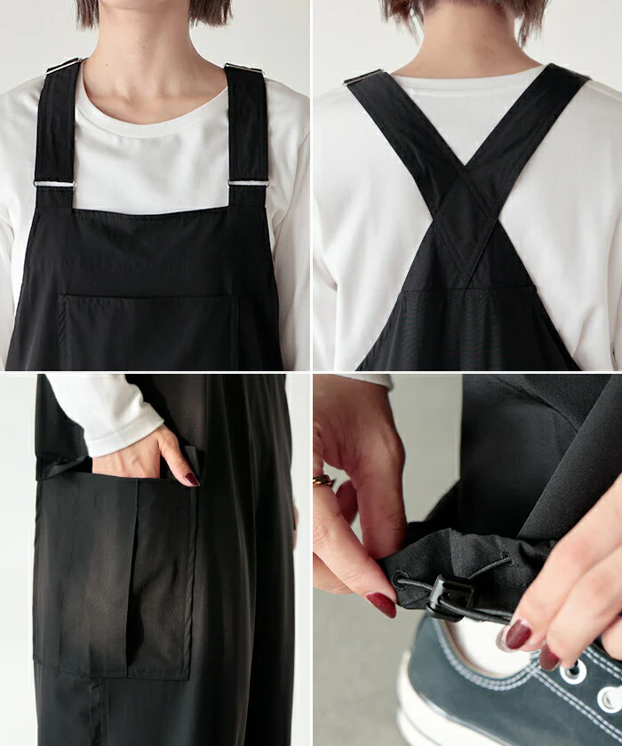 サロペット ワイド レディース 微 撥水 サロペ ■一部7月中旬入荷 パンツ ロング ロングパンツ ノースリーブ オーバー オーバーオール レイヤード 重ね着 調節可能 ドロスト ゆったり きれいめ オーバーサイズ 大きいサイズ 体型カバー 黒 カーキ 春 夏 HUG.U - Image 22