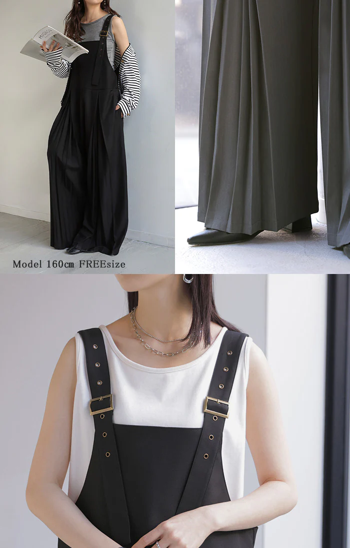サロペット プリーツ ワイド レディース サロペ パンツ ロング ロングパンツ ノースリーブ シワになりにくい オーバー オーバーオール レイヤード 重ね着 調節可能 ゆったり きれいめ オーバーサイズ 大きいサイズ 体型カバー 黒 グレー 秋 冬 HUG.U - Image 21