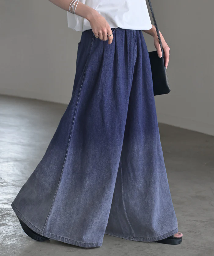 パンツ 超ワイド グラデ デニム レディース デニムパンツ ワイド ワイドパンツ タック ロング ロングパンツ 体型カバー ボトムス ボトム ジーンズ ジーパン ズボン ゆったり ハイウエスト ゴム グラデーション 大きいサイズ 黒 ブルー 春 夏 HUG.U - Image 27