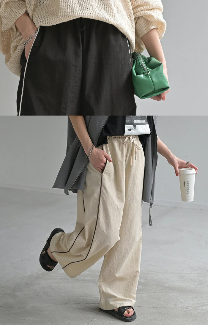 パンツ ワイド ナイロンパンツ レディース ワイドパンツ ロング ロングパンツ 体型カバー 長い 薄手 軽量 ボトムス ボトム ストレート ズボン ゆったり ハイウエスト ナイロン サイドライン スポーティー 大きいサイズ 黒 ベージュ 春 夏 HUG.U - Image 19