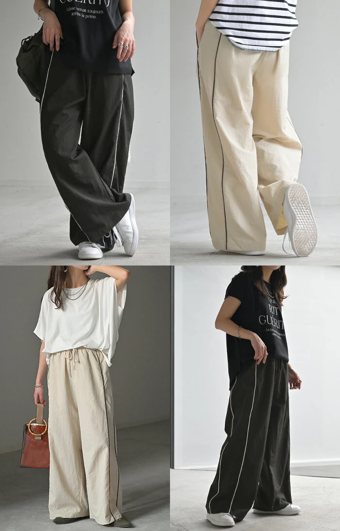 パンツ ワイド ナイロンパンツ レディース ワイドパンツ ロング ロングパンツ 体型カバー 長い 薄手 軽量 ボトムス ボトム ストレート ズボン ゆったり ハイウエスト ナイロン サイドライン スポーティー 大きいサイズ 黒 ベージュ 春 夏 HUG.U - Image 22