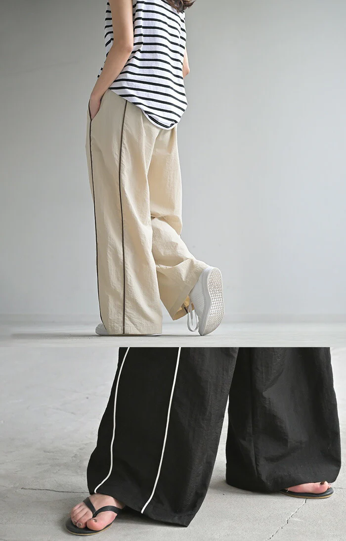 パンツ ワイド ナイロンパンツ レディース ワイドパンツ ロング ロングパンツ 体型カバー 長い 薄手 軽量 ボトムス ボトム ストレート ズボン ゆったり ハイウエスト ナイロン サイドライン スポーティー 大きいサイズ 黒 ベージュ 春 夏 HUG.U - Image 8