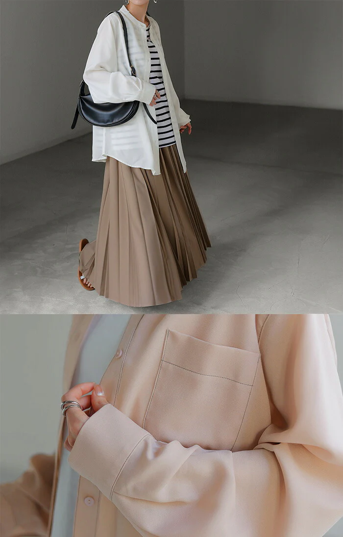シャツ レディース シアー トップス ノーカラー バンドカラー ブラウス ロング ロングシャツ チュニック 配色 ステッチ 長袖 無地 羽織 ライトアウター きれいめ ゆったり オーバーサイズ 大きいサイズ 体型カバー お尻が隠れる 黒 白 春 夏 HUG.U メール便 - Image 12