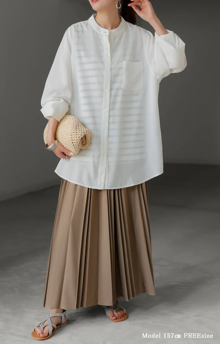 シャツ レディース シアー トップス ノーカラー バンドカラー ブラウス ロング ロングシャツ チュニック 配色 ステッチ 長袖 無地 羽織 ライトアウター きれいめ ゆったり オーバーサイズ 大きいサイズ 体型カバー お尻が隠れる 黒 白 春 夏 HUG.U メール便 - Image 21