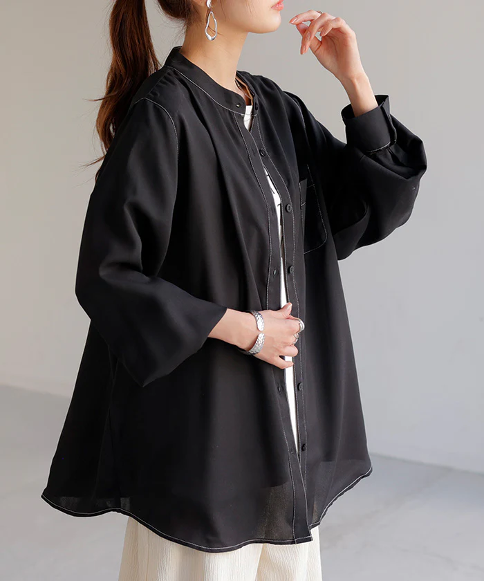 シャツ レディース シアー トップス ノーカラー バンドカラー ブラウス ロング ロングシャツ チュニック 配色 ステッチ 長袖 無地 羽織 ライトアウター きれいめ ゆったり オーバーサイズ 大きいサイズ 体型カバー お尻が隠れる 黒 白 春 夏 HUG.U メール便 - Image 29