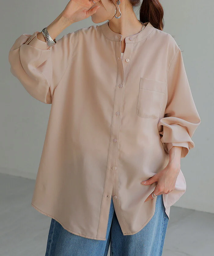 シャツ レディース シアー トップス ノーカラー バンドカラー ブラウス ロング ロングシャツ チュニック 配色 ステッチ 長袖 無地 羽織 ライトアウター きれいめ ゆったり オーバーサイズ 大きいサイズ 体型カバー お尻が隠れる 黒 白 春 夏 HUG.U メール便 - Image 5