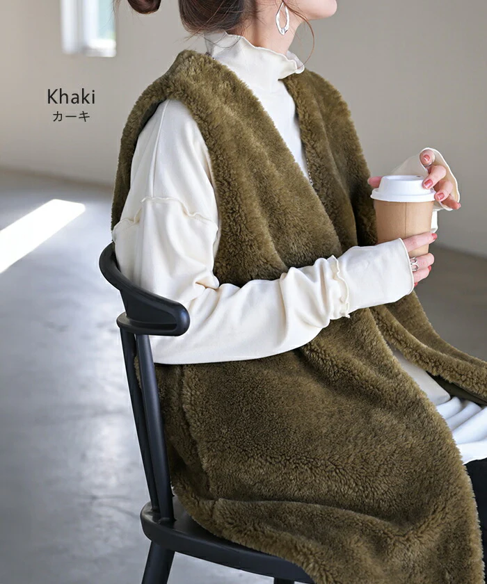 ベスト ジレ ファー ロングベスト レディース トップス アウター ノーカラ― Vネック ロング ロングジレ ノースリーブ 羽織 ボア レイヤード ライトアウター 体型カバー 暖か きれいめ おしゃれ 前開き お尻が隠れる 大きいサイズ 黒 白 春 夏 HUG.U - Image 11