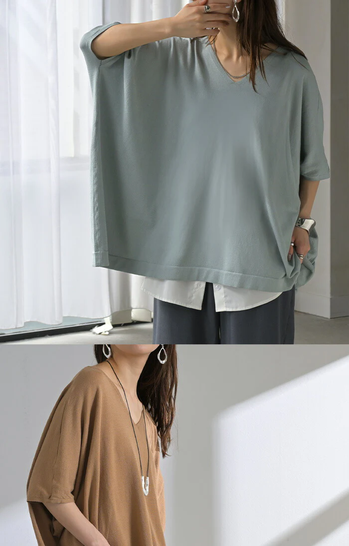 Tシャツ サマーニット 涼しい レディース トップス 半袖 ロング ティーシャツ チュニック セーター ビッグ プラスサイズ Vネック 長い ドルマン ドルマンスリーブ オーバー ゆったり 無地 体型カバー お尻が隠れる 大きいサイズ 白 黒 春 夏 HUG.U - Image 19