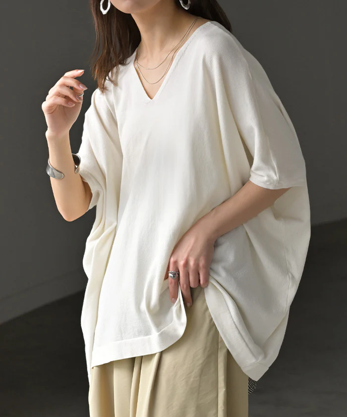 Tシャツ サマーニット 涼しい レディース トップス 半袖 ロング ティーシャツ チュニック セーター ビッグ プラスサイズ Vネック 長い ドルマン ドルマンスリーブ オーバー ゆったり 無地 体型カバー お尻が隠れる 大きいサイズ 白 黒 春 夏 HUG.U - Image 26