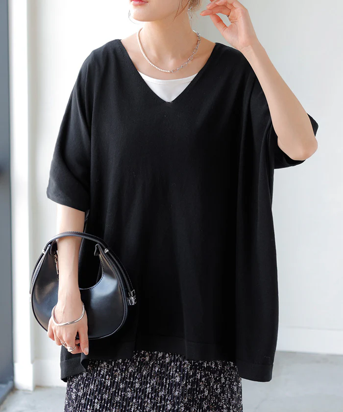 Tシャツ サマーニット 涼しい レディース トップス 半袖 ロング ティーシャツ チュニック セーター ビッグ プラスサイズ Vネック 長い ドルマン ドルマンスリーブ オーバー ゆったり 無地 体型カバー お尻が隠れる 大きいサイズ 白 黒 春 夏 HUG.U - Image 31