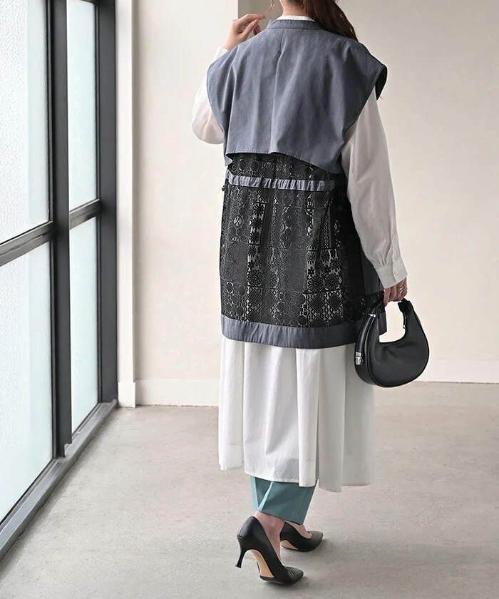 【夏セール】 ベスト ジレ レース レディース トップス アウター ノーカラー Vネック ロング ロングジレ ノースリーブ 異素材 薄手 レイヤード 重ね着 体型カバー 無地 きれいめ おしゃれ 前開き ゆったり お尻が隠れる 大きいサイズ 黒 ネイビー 春 夏 HUG.U - Image 14