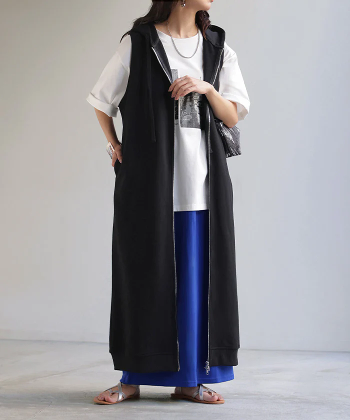ベスト ロング スウェット レディース トップス アウター ジレ ロングジレ ノースリーブ パーカー 羽織 裏毛 ポケット フード レイヤード 体型カバー おしゃれ カジュアル 前開き ダブルジップ ゆったり お尻が隠れる 大きいサイズ 黒 グレー 秋 冬 HUG.U - Image 26