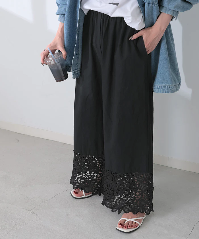 パンツ 裾 レース ワイドパンツ 綿100% ワイド ■一部7月下旬入荷 レディース ロング ロングパンツ 体型カバー 無地 ボトムス ボトム ストレート ズボン ゆったり ハイウエスト ゴム コットンパンツ ペチパンツ レイヤード 裏地 花柄 大きいサイズ 黒 春 夏 HUG.U - Image 29