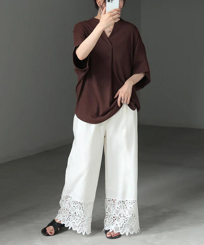 パンツ 裾 レース ワイドパンツ 綿100% ワイド ■一部7月下旬入荷 レディース ロング ロングパンツ 体型カバー 無地 ボトムス ボトム ストレート ズボン ゆったり ハイウエスト ゴム コットンパンツ ペチパンツ レイヤード 裏地 花柄 大きいサイズ 黒 春 夏 HUG.U - Image 32