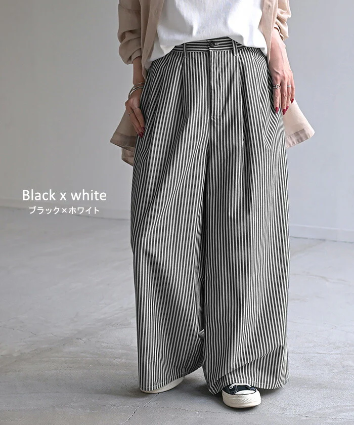 【夏セール】 パンツ ワイド ストライプ 綿100 レディース ワイドパンツ 柄 ロング ロングパンツ 薄手 体型カバー ボトムス ボトム ストレート ズボン ゆったり ハイウエスト ストレッチ 美脚 大きいサイズ コットン カジュアル きれいめ 黒 白 春 夏 HUG.U - Image 13