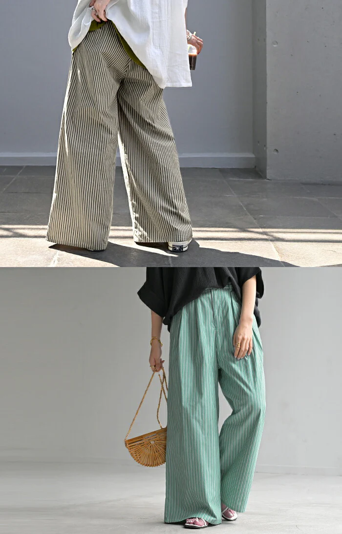 【夏セール】 パンツ ワイド ストライプ 綿100 レディース ワイドパンツ 柄 ロング ロングパンツ 薄手 体型カバー ボトムス ボトム ストレート ズボン ゆったり ハイウエスト ストレッチ 美脚 大きいサイズ コットン カジュアル きれいめ 黒 白 春 夏 HUG.U - Image 18
