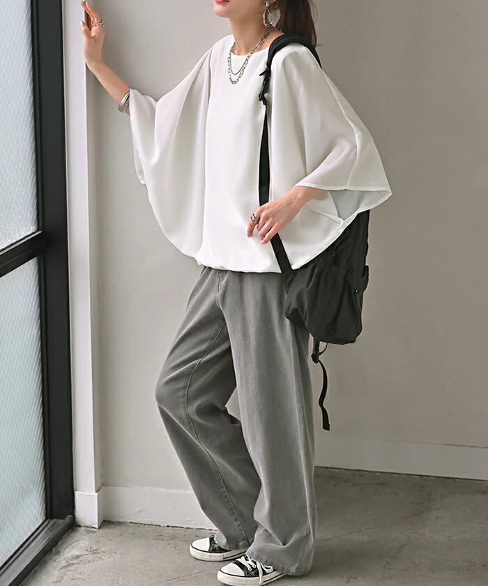 シャツ レディース インナー 付 トップス ノーカラー バンドカラー シフォン ブラウス リブ ロング ロングシャツ チュニック 半袖 無地 きれいめ ゆったり 大きいサイズ 体型カバー お尻が隠れる 二の腕カバー きれいめ 黒 白 春 夏 HUG.U - Image 18