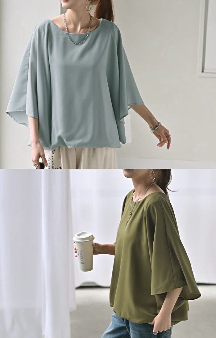 シャツ レディース インナー 付 トップス ノーカラー バンドカラー シフォン ブラウス リブ ロング ロングシャツ チュニック 半袖 無地 きれいめ ゆったり 大きいサイズ 体型カバー お尻が隠れる 二の腕カバー きれいめ 黒 白 春 夏 HUG.U - Image 19
