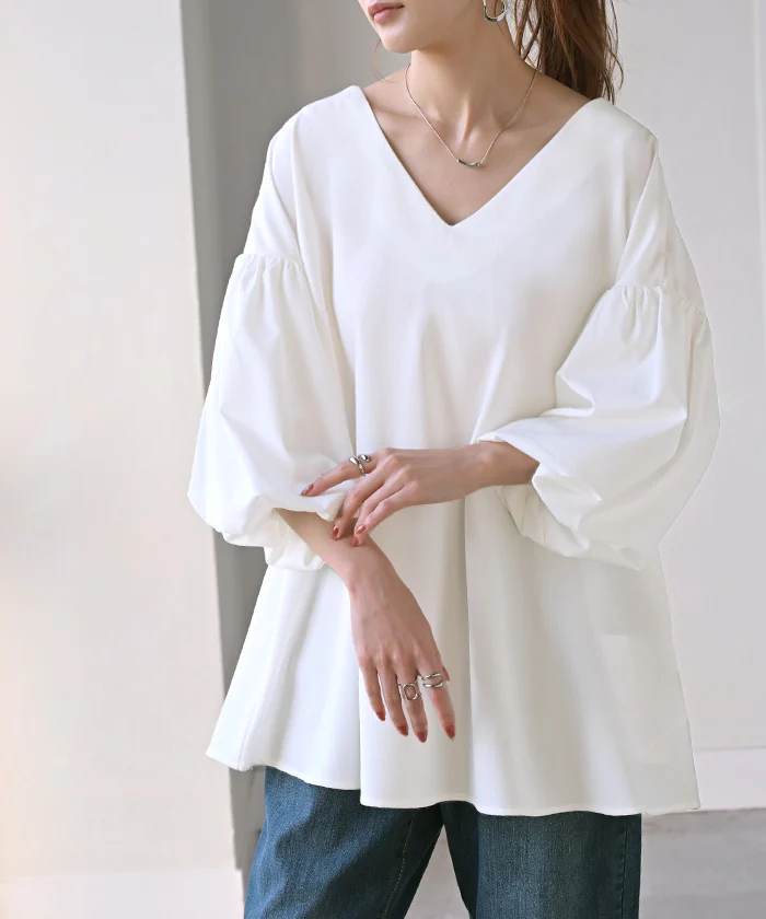 シャツ 『 選べる 袖丈 』 楊柳 レディース トップス ■一部7月中旬入荷 ブラウス ロング ロングシャツ チュニック Vネック シワになりにくい 長袖 半袖 無地 ボリュームスリーブ ゆったり 大きいサイズ 体型カバー お尻が隠れる きれいめ 黒 白 春 夏 HUG.U - Image 29