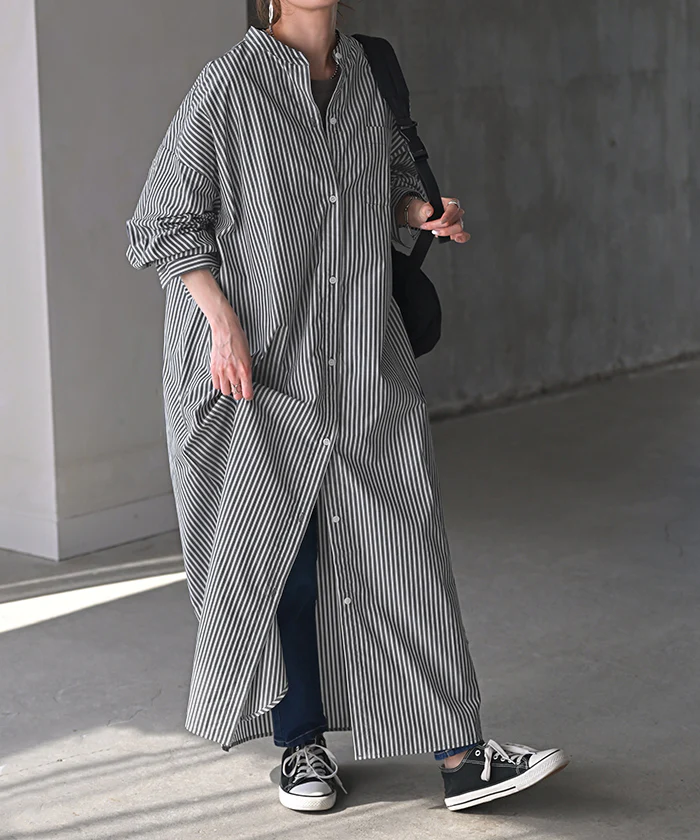 ワンピース ストライプ シャツワンピース シャツ ノーカラ― シャツワンピ レディース ロング ロングワンピース マキシ マキシワンピース ワンピ ロングシャツ ロングワンピ 長袖 羽織 きれいめ 体型カバー 大きいサイズ 無地 黒 青 春 夏 HUG.U - Image 21