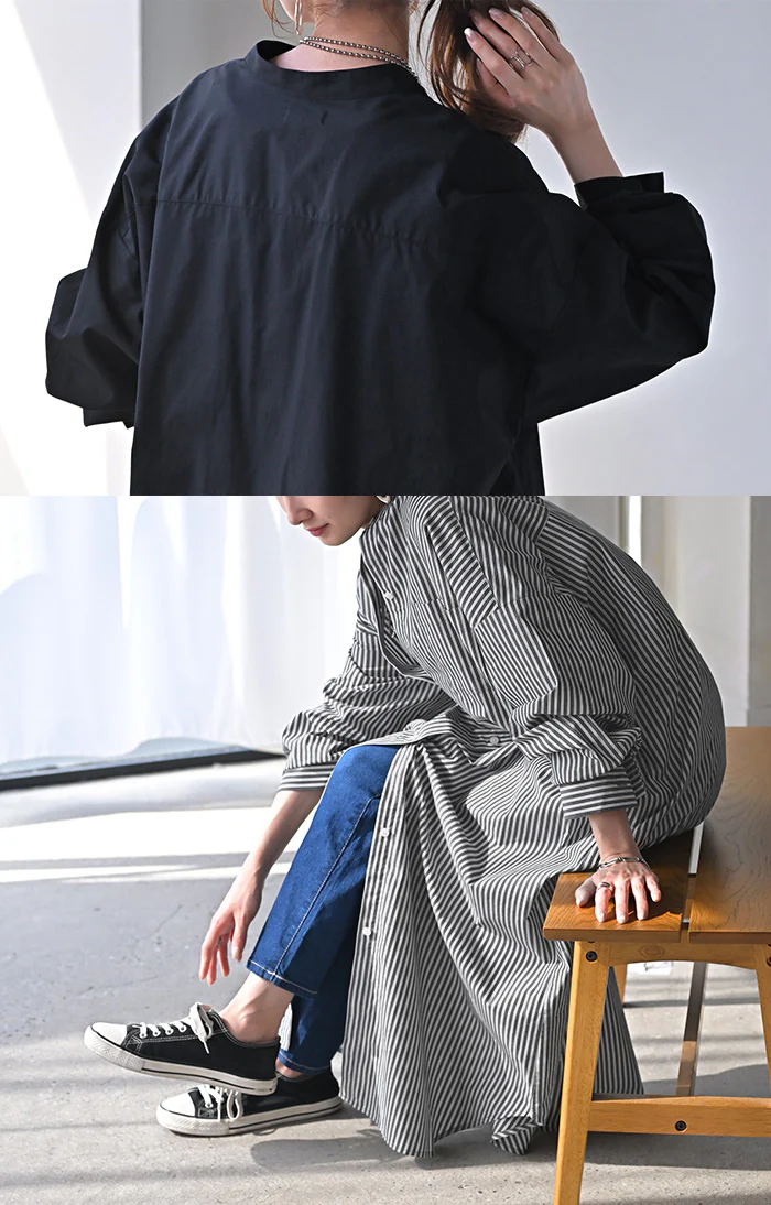 ワンピース ストライプ シャツワンピース シャツ ノーカラ― シャツワンピ レディース ロング ロングワンピース マキシ マキシワンピース ワンピ ロングシャツ ロングワンピ 長袖 羽織 きれいめ 体型カバー 大きいサイズ 無地 黒 青 春 夏 HUG.U - Image 27