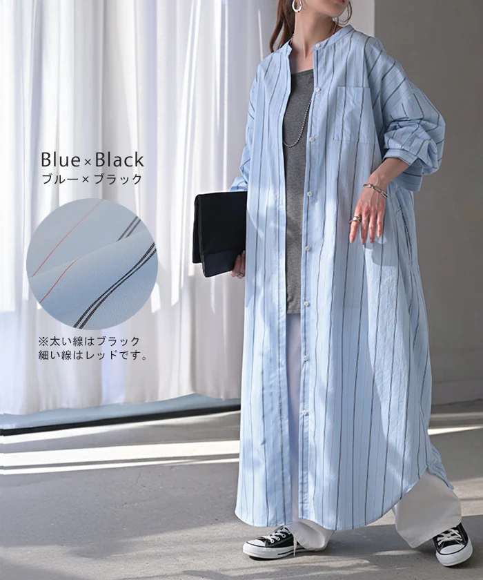 ワンピース ストライプ シャツワンピース シャツ ノーカラ― シャツワンピ レディース ロング ロングワンピース マキシ マキシワンピース ワンピ ロングシャツ ロングワンピ 長袖 羽織 きれいめ 体型カバー 大きいサイズ 無地 黒 青 春 夏 HUG.U - Image 4