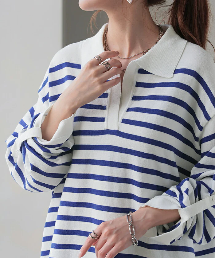 ロンT 襟付き ボーダー ニット レディース トップス 綿100％ 長袖 Tシャツ カットソー ロング ティーシャツ チュニック ビッグ プラスサイズ Vネック 長い ドルマン ゆったり 無地 体型カバー お尻が隠れる 大きいサイズ おしゃれ 赤 春 夏 HUG.U - Image 17