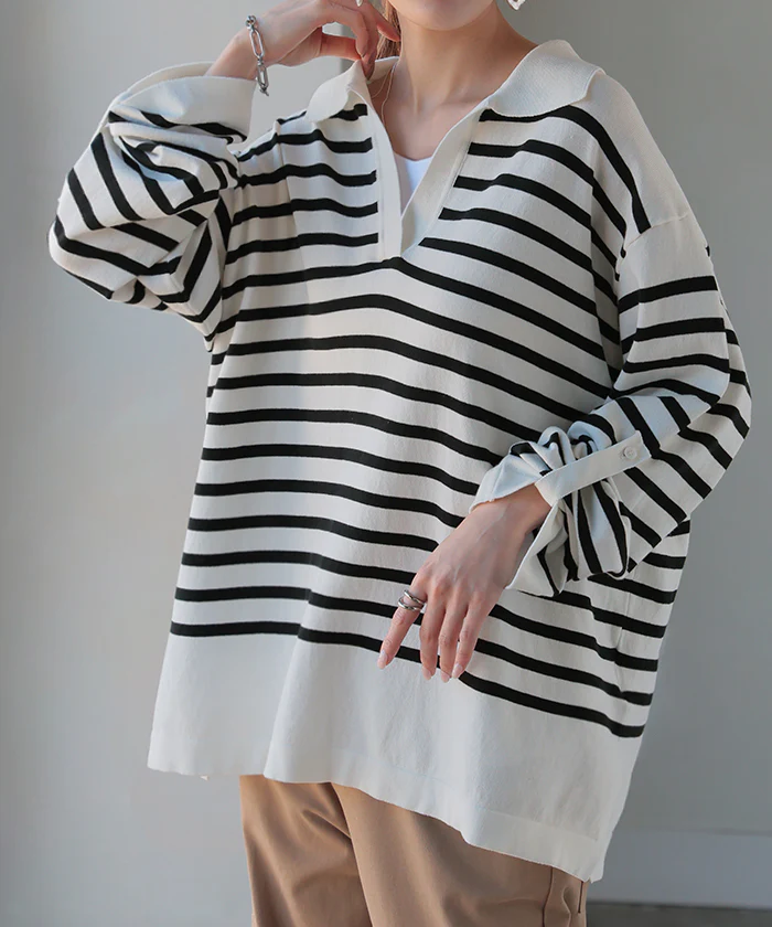 ロンT 襟付き ボーダー ニット レディース トップス 綿100％ 長袖 Tシャツ カットソー ロング ティーシャツ チュニック ビッグ プラスサイズ Vネック 長い ドルマン ゆったり 無地 体型カバー お尻が隠れる 大きいサイズ おしゃれ 赤 春 夏 HUG.U - Image 27