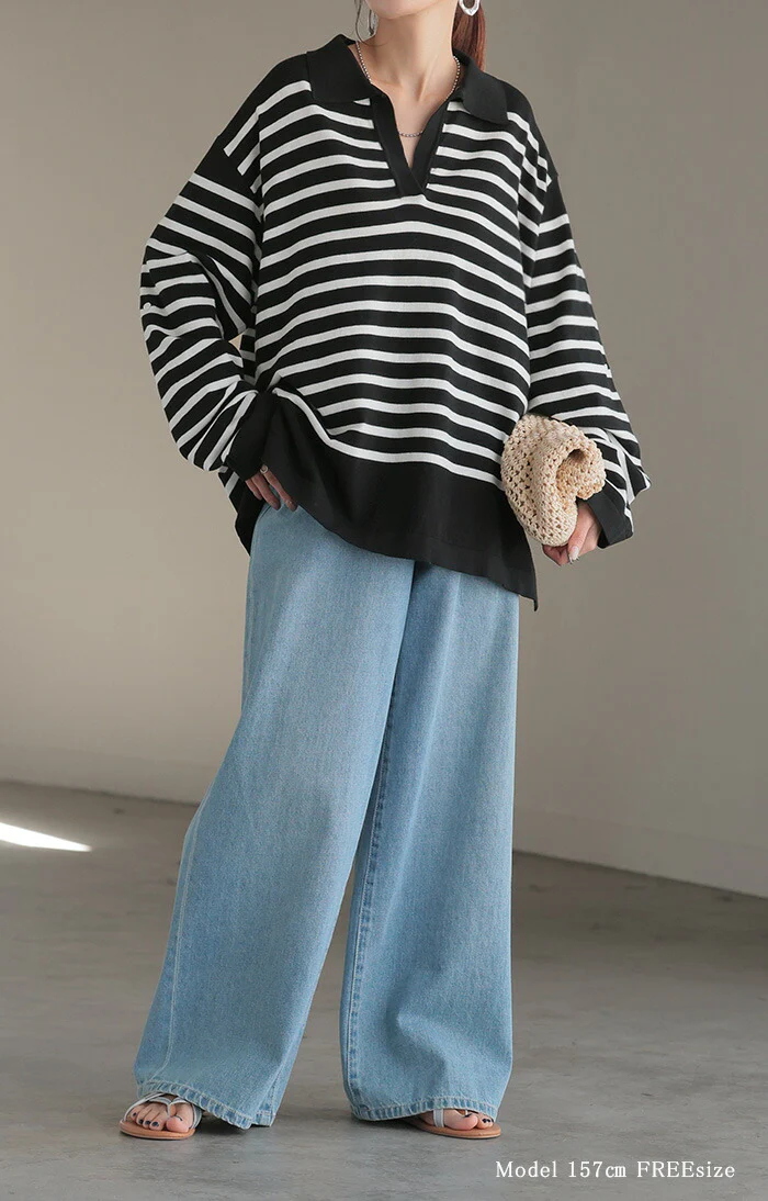 ロンT 襟付き ボーダー ニット レディース トップス 綿100％ 長袖 Tシャツ カットソー ロング ティーシャツ チュニック ビッグ プラスサイズ Vネック 長い ドルマン ゆったり 無地 体型カバー お尻が隠れる 大きいサイズ おしゃれ 赤 春 夏 HUG.U - Image 3