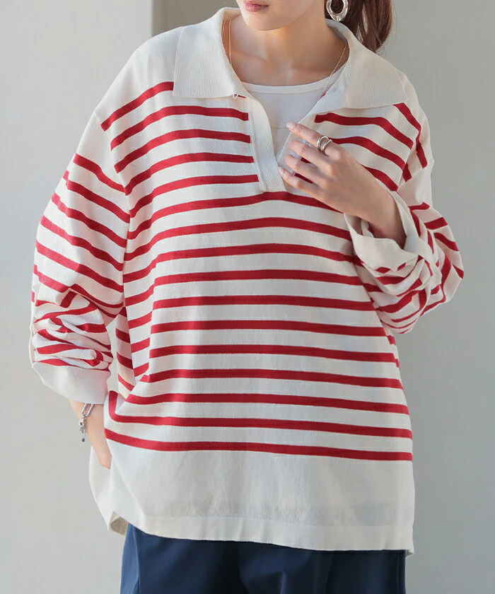 ロンT 襟付き ボーダー ニット レディース トップス 綿100％ 長袖 Tシャツ カットソー ロング ティーシャツ チュニック ビッグ プラスサイズ Vネック 長い ドルマン ゆったり 無地 体型カバー お尻が隠れる 大きいサイズ おしゃれ 赤 春 夏 HUG.U - Image 5
