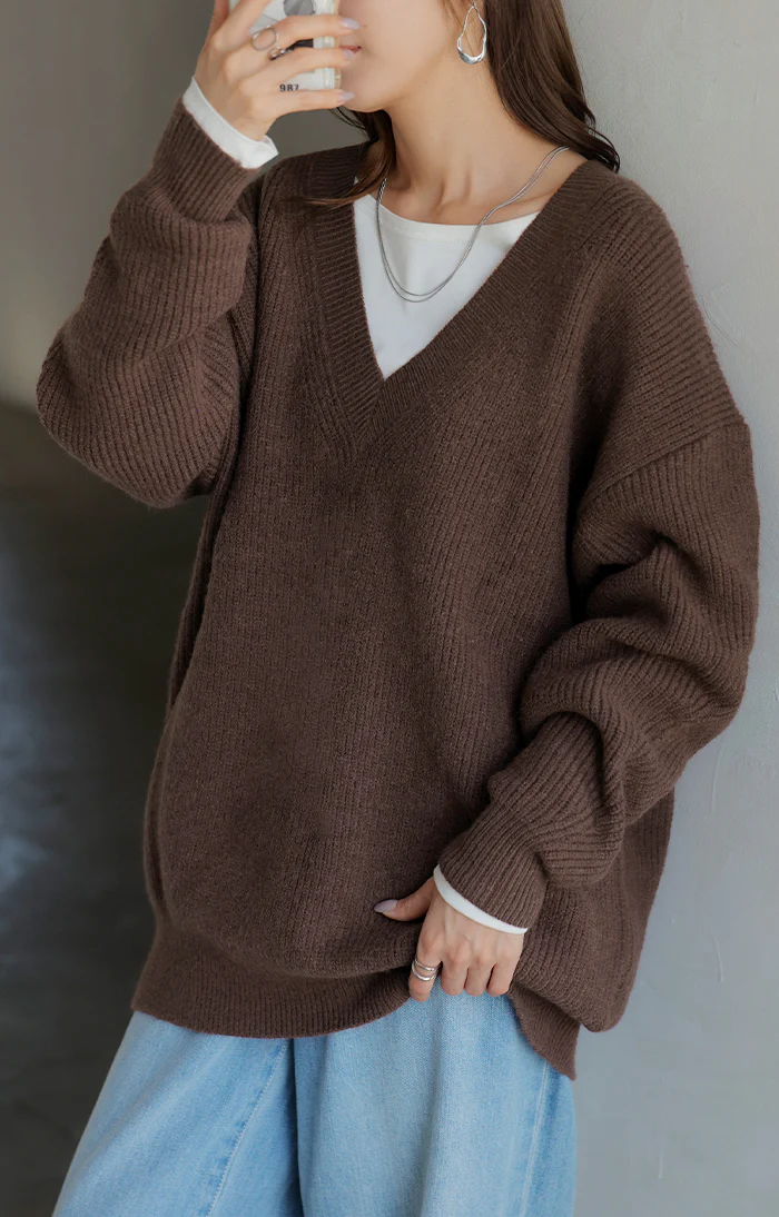 ニット Vネック モヘアニット レディース トップス セーター オーバー モヘア プルオーバー ロング 長袖 長い ボリュームスリーブ リブ チュニック ゆったり ざっくり 編み レイヤード 大きいサイズ 体型カバー お尻が隠れる カジュアル 黒 秋 冬 HUG.U - Image 10