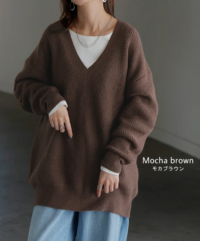 ニット Vネック モヘアニット レディース トップス セーター オーバー モヘア プルオーバー ロング 長袖 長い ボリュームスリーブ リブ チュニック ゆったり ざっくり 編み レイヤード 大きいサイズ 体型カバー お尻が隠れる カジュアル 黒 秋 冬 HUG.U - Image 13
