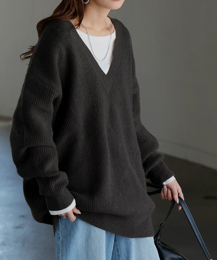 ニット Vネック モヘアニット レディース トップス セーター オーバー モヘア プルオーバー ロング 長袖 長い ボリュームスリーブ リブ チュニック ゆったり ざっくり 編み レイヤード 大きいサイズ 体型カバー お尻が隠れる カジュアル 黒 秋 冬 HUG.U - Image 27