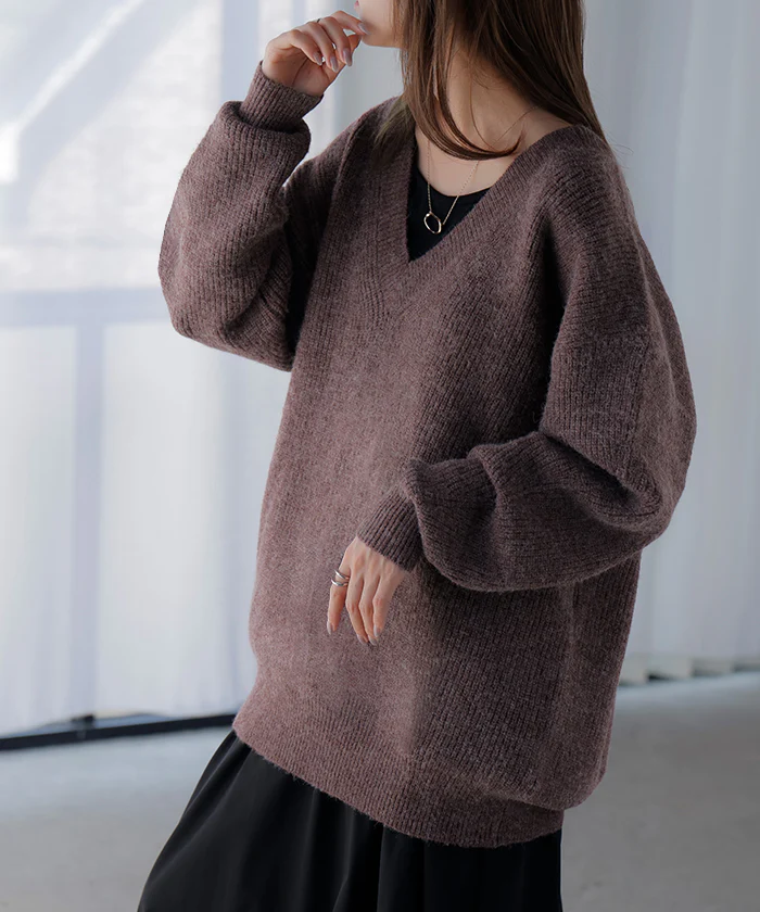 ニット Vネック モヘアニット レディース トップス セーター オーバー モヘア プルオーバー ロング 長袖 長い ボリュームスリーブ リブ チュニック ゆったり ざっくり 編み レイヤード 大きいサイズ 体型カバー お尻が隠れる カジュアル 黒 秋 冬 HUG.U - Image 30