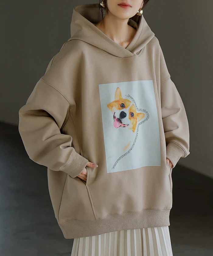 パーカー 猫 ダンボール レディース トップス トレーナー プリント シワになりにくい ロング ロングパーカー プルオーバー フード ビッグ お尻が隠れる ゆったり オーバーサイズ 体型カバー 大きいサイズ 猫柄 猫グッズ コーギー ネコ 犬 イヌ グレー 黒 秋 冬 HUG.U - Image 6