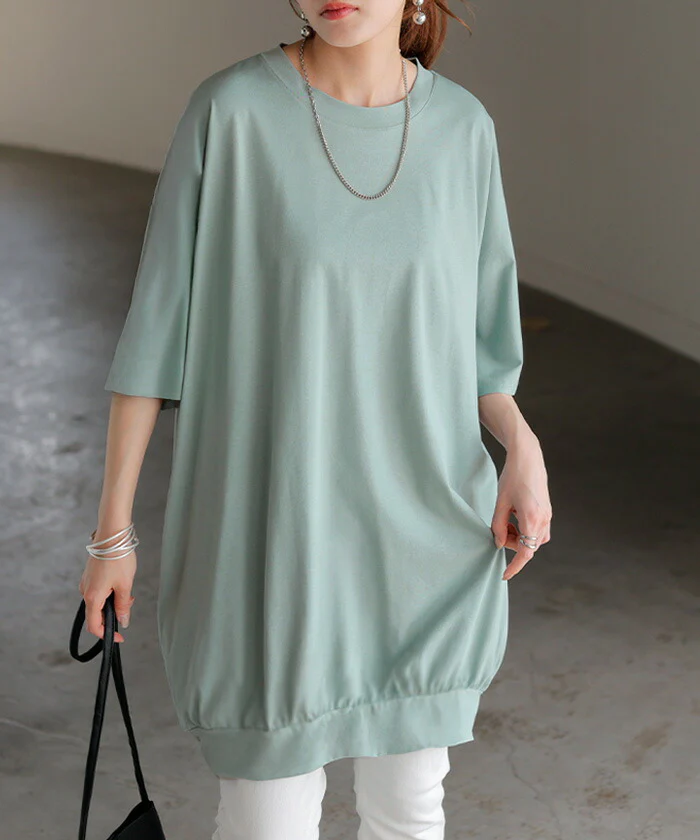 【夏セール】 Tシャツ レディース 接触 冷感 トップス 半袖 カットソー ロング ティーシャツ チュニック クルーネック 長い ドルマン 二の腕カバー ドルマンスリーブ ストレッチ ゆったり 無地 体型カバー お尻が隠れる 大きいサイズ おしゃれ 白 黒 春 夏 HUG.U メール便 - Image 5
