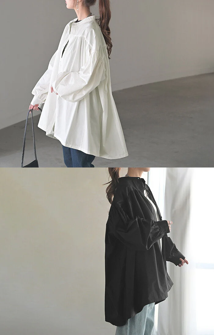 シャツ ギャザー 綿100 レディース トップス ノーカラー バンドカラー ブラウス ロング ロングシャツ チュニック 長袖 無地 羽織 ライトアウター ボリュームスリーブ きれいめ ゆったり 大きいサイズ 体型カバー お尻が隠れる 黒 白 春 夏 HUG.U - Image 22