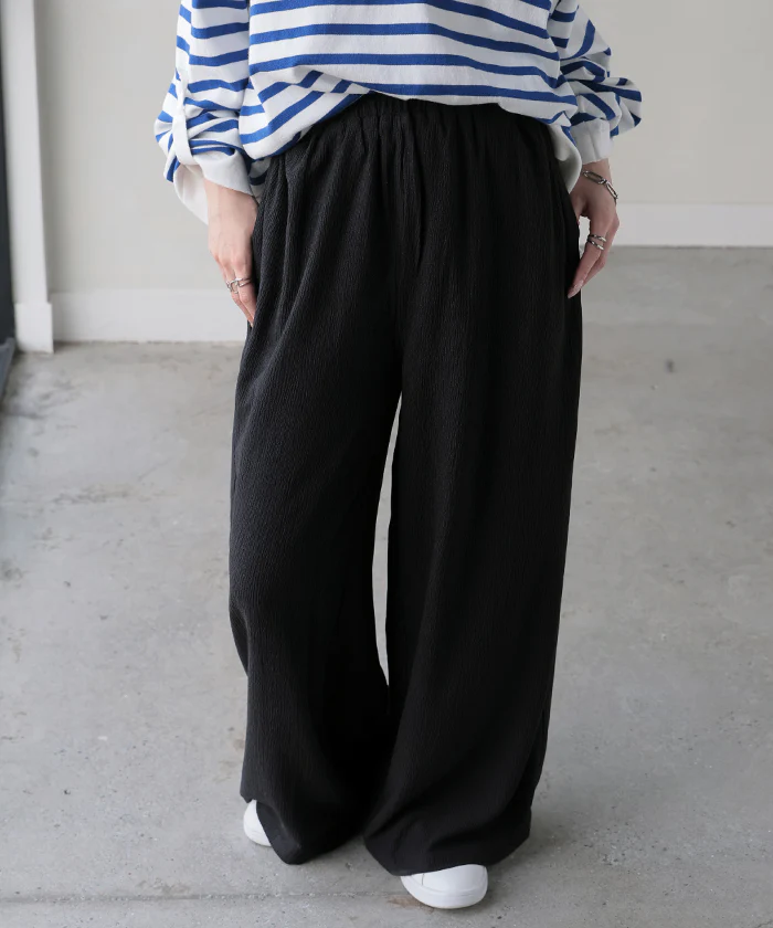 パンツ 楊柳 ワイド レディース ワイドパンツ ■一部7月上旬入荷 ロング ロングパンツ 長い 体型カバー ボトムス ボトム ストレート ズボン ゆったり ハイウエスト ストレッチ 美脚 大きいサイズ ゴム シワになりにくい 別売り セットアップ 可 黒 白 春 夏 HUG.U - Image 12