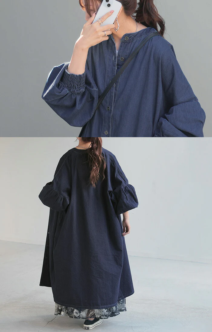 シャツ デニム デニムシャツ ノーカラー レディース トップス ロング ロングシャツ チュニック バンドカラー 長袖 無地 羽織 ライトアウター Gジャン ジャケット ゆったり 大きいサイズ 体型カバー お尻が隠れる ブルー ネイビー 春 夏 HUG.U - Image 16