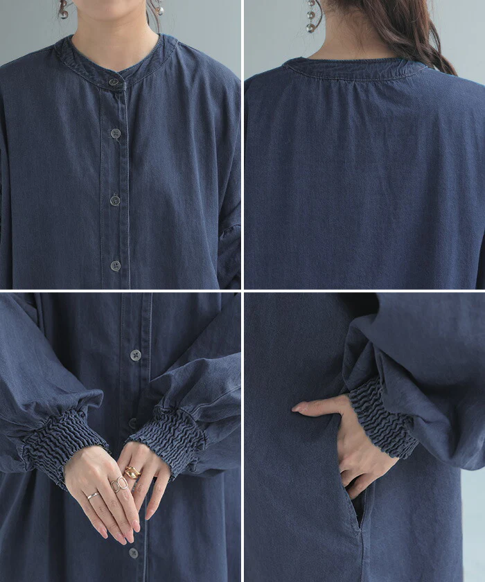 シャツ デニム デニムシャツ ノーカラー レディース トップス ロング ロングシャツ チュニック バンドカラー 長袖 無地 羽織 ライトアウター Gジャン ジャケット ゆったり 大きいサイズ 体型カバー お尻が隠れる ブルー ネイビー 春 夏 HUG.U - Image 23