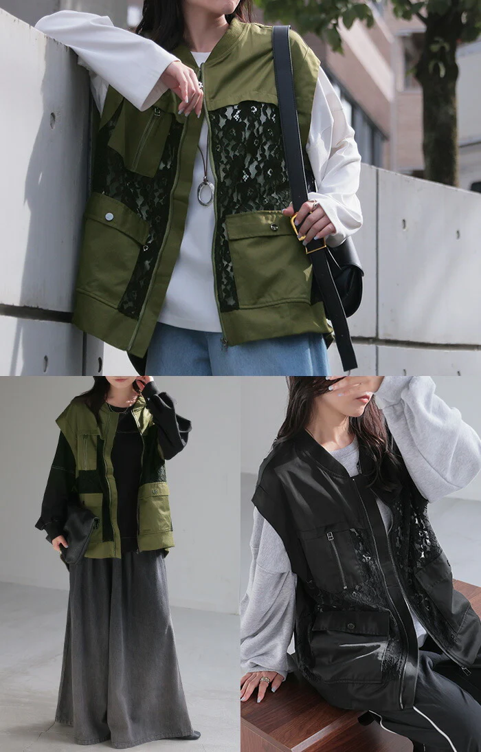 【夏セール】 ベスト ジレ レース レディース トップス アウター ノーカラー Vネック ロング ロングジレ ノースリーブ 異素材 ミリタリー 薄手 レイヤード 重ね着 体型カバー 無地 きれいめ 前開き ゆったり お尻が隠れる 大きいサイズ 黒 カーキ 春 夏 HUG.U メール便 - Image 21