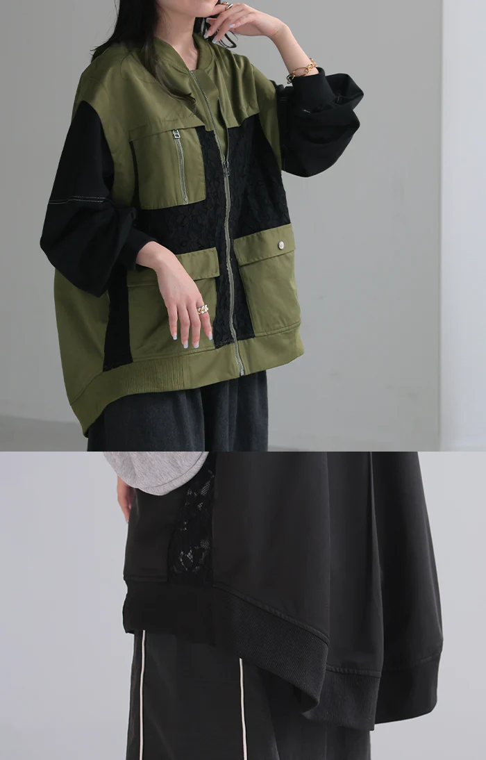 【夏セール】 ベスト ジレ レース レディース トップス アウター ノーカラー Vネック ロング ロングジレ ノースリーブ 異素材 ミリタリー 薄手 レイヤード 重ね着 体型カバー 無地 きれいめ 前開き ゆったり お尻が隠れる 大きいサイズ 黒 カーキ 春 夏 HUG.U メール便 - Image 9