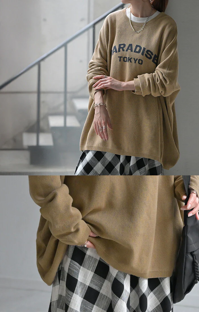 ニット ロゴ 綿100％ レディース トップス ロング ロングニット ロゴニット 長袖 ジャガード クルーネック リブ チュニック セーター プルオーバー ストレッチ お尻が隠れる 長い ゆったり オーバー 体型カバー 大きいサイズ 黒 白 春 夏 HUG.U - Image 18