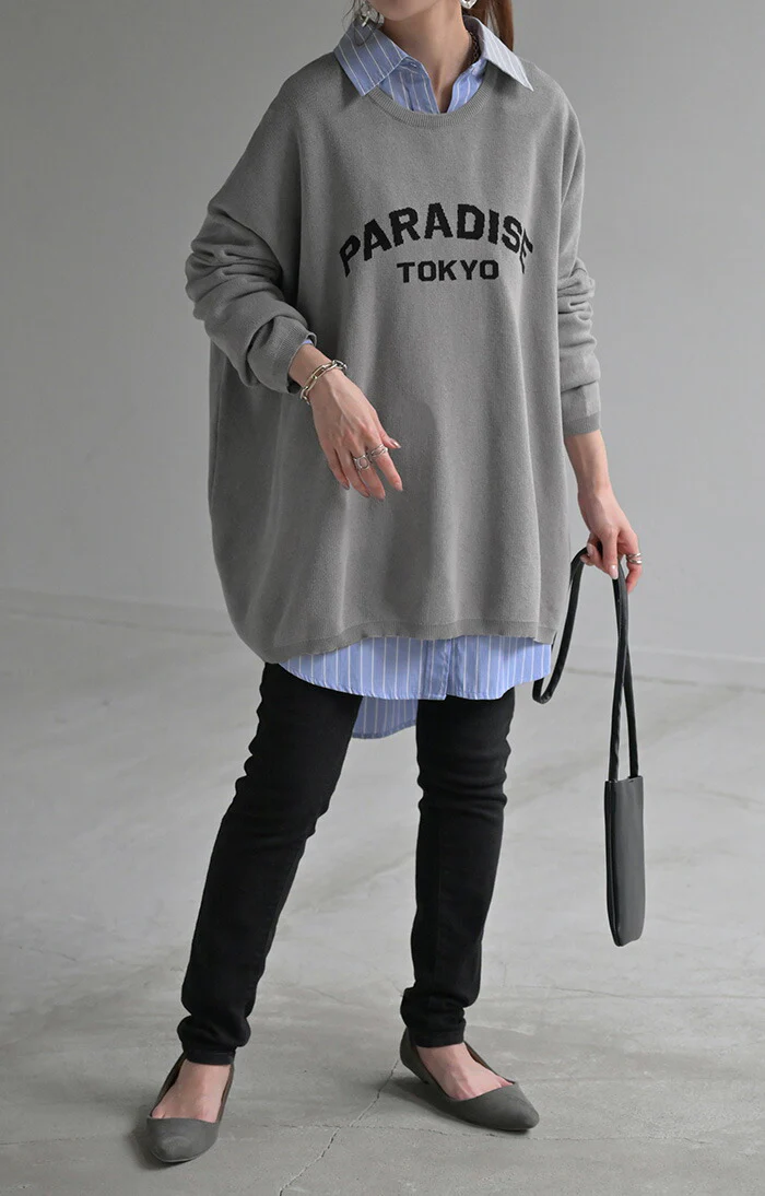 ニット ロゴ 綿100％ レディース トップス ロング ロングニット ロゴニット 長袖 ジャガード クルーネック リブ チュニック セーター プルオーバー ストレッチ お尻が隠れる 長い ゆったり オーバー 体型カバー 大きいサイズ 黒 白 春 夏 HUG.U - Image 7