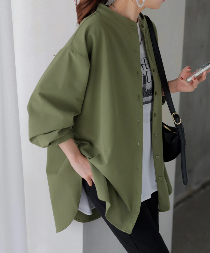 シャツ レディース 洗濯機 可能 トップス ノーカラー バンドカラー ブラウス ロング ロングシャツ チュニック イージーケア 長袖 無地 羽織 ライトアウター ゆったり オーバーサイズ 大きいサイズ 体型カバー お尻が隠れる 黒 白 春 夏 HUG.U - Image 28