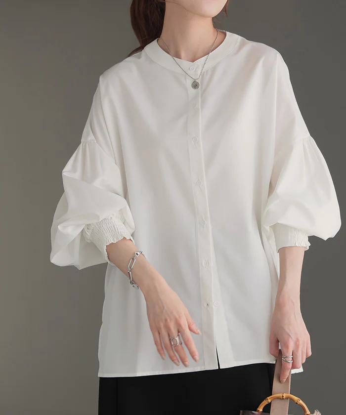 シャツ レディース ノーカラー トップス ストレッチ バンドカラー ブラウス ロング ロングシャツ チュニック スリット 長袖 無地 羽織 ライトアウター きれいめ すっきり オーバーサイズ 大きいサイズ 体型カバー お尻が隠れる 黒 白 春 夏 HUG.U メール便 - Image 26
