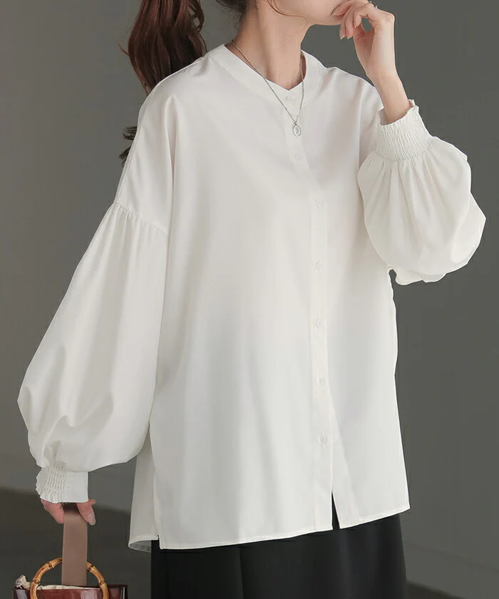 シャツ レディース ノーカラー トップス ストレッチ バンドカラー ブラウス ロング ロングシャツ チュニック スリット 長袖 無地 羽織 ライトアウター きれいめ すっきり オーバーサイズ 大きいサイズ 体型カバー お尻が隠れる 黒 白 春 夏 HUG.U メール便 - Image 5
